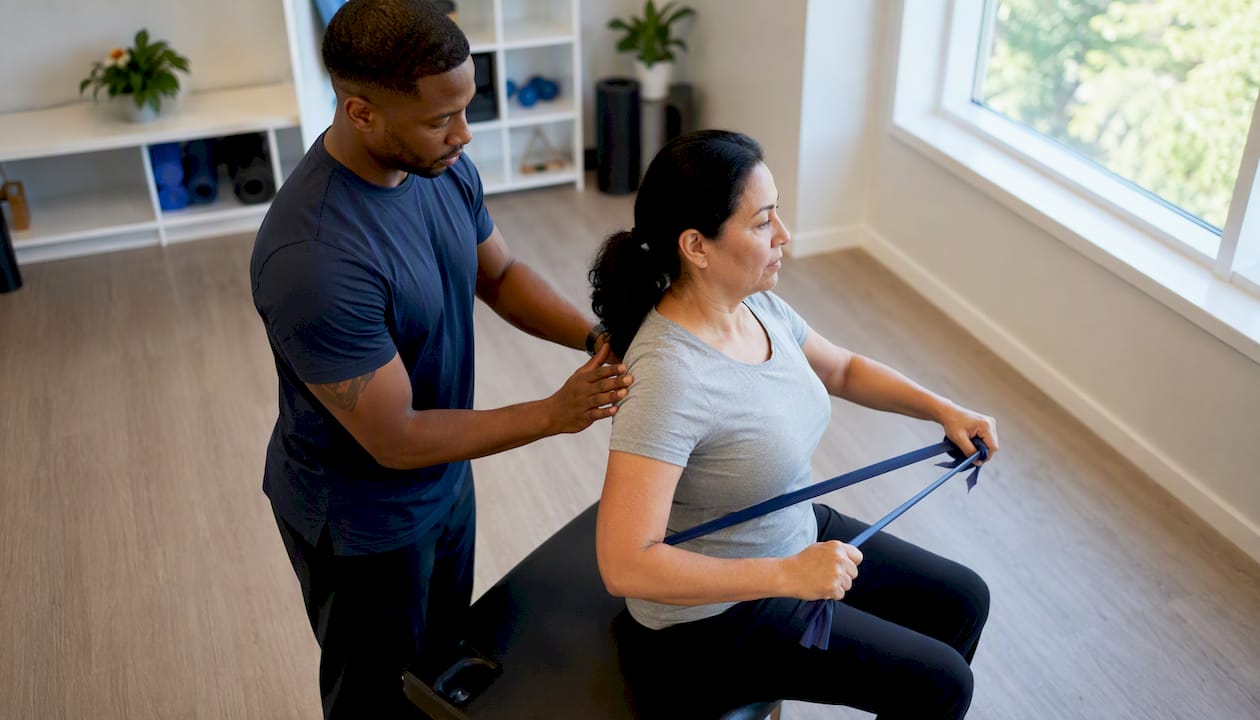 Physical therapist guiding neck muscle rebalancing exercise