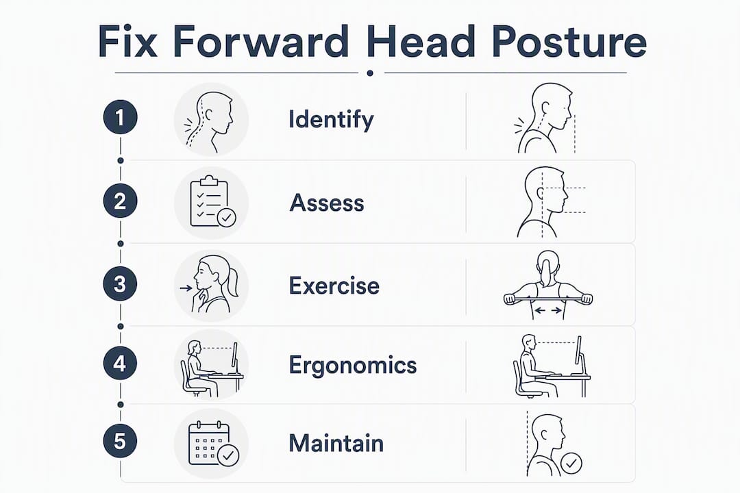 Infographic showing steps to fix forward head posture