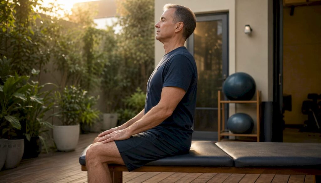 Man performing chin tuck exercises in therapy room