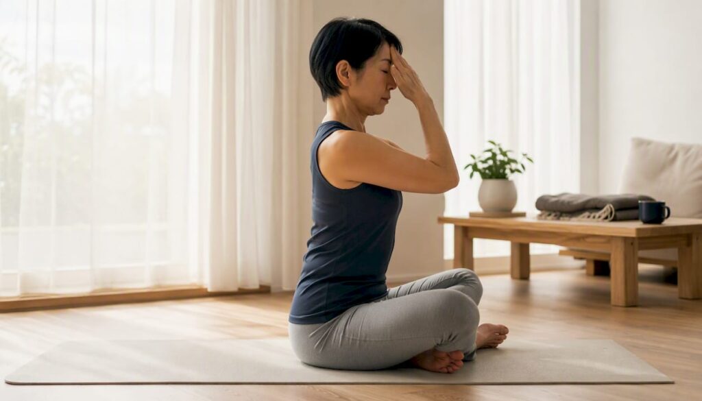 Woman performing chin tuck neck exercise