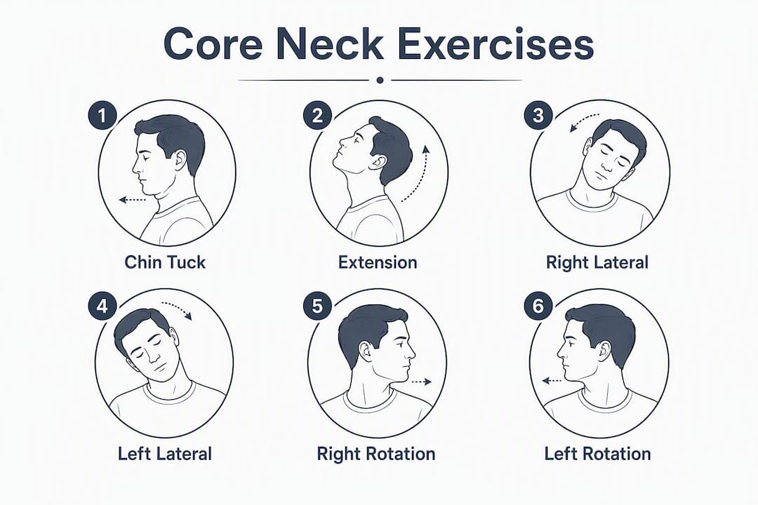 Infographic showing steps of core isometric neck exercises