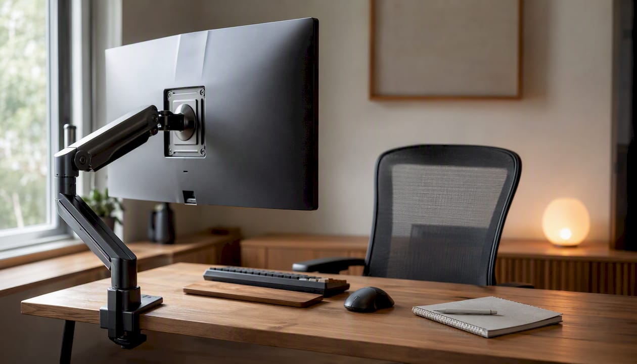 Close-up of heavy ultrawide monitor on arm