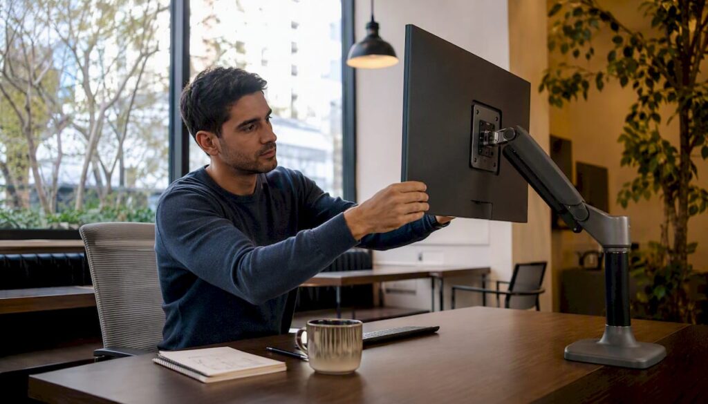 Man adjusting ergonomic monitor arm at desk