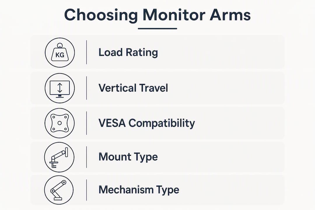 Infographic listing steps to choose monitor arms