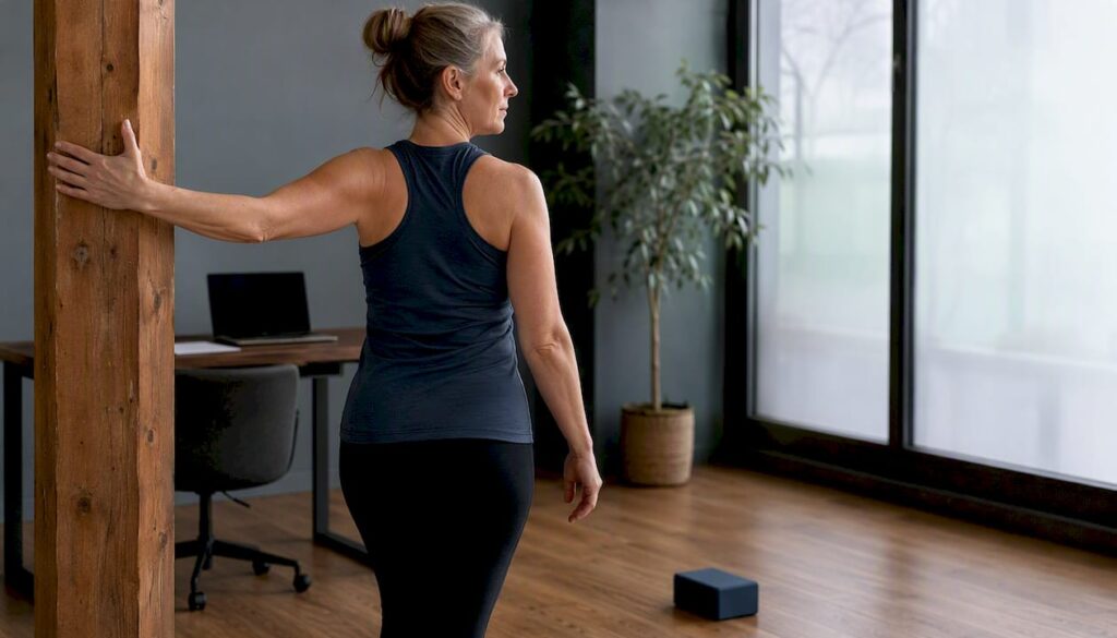 Woman performing pec minor stretch in home gym