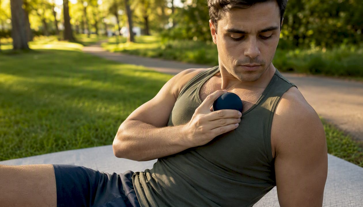 Man self-releasing pec minor with lacrosse ball