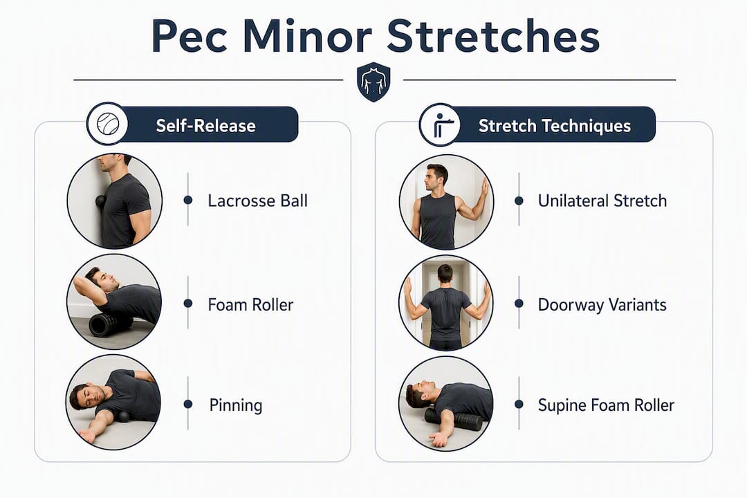 Infographic comparing pec minor self-release and stretch techniques