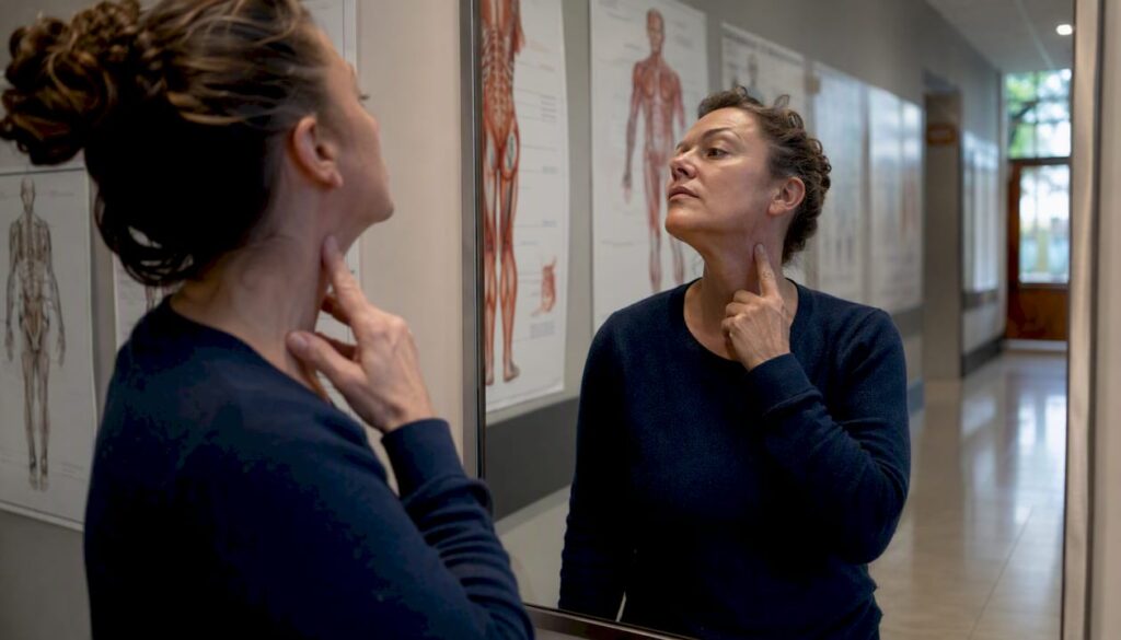 Woman locating sternocleidomastoid muscle in mirror