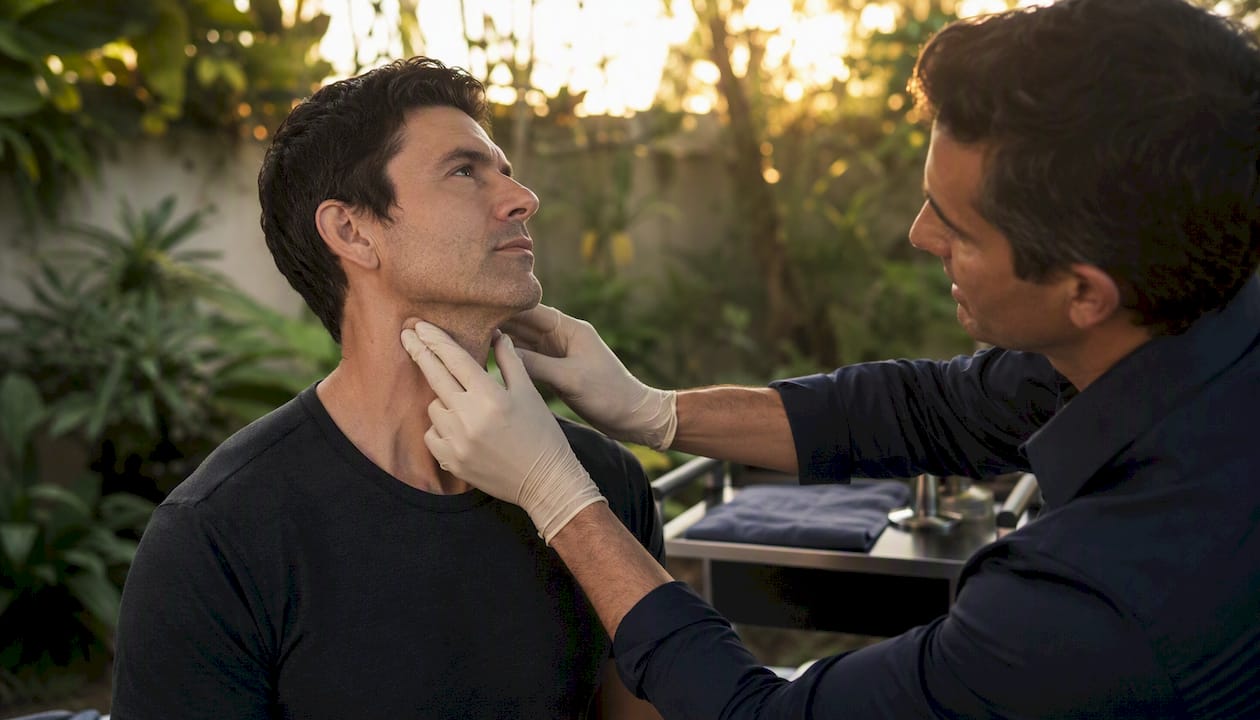 Doctor palpating sternocleidomastoid muscle on patient