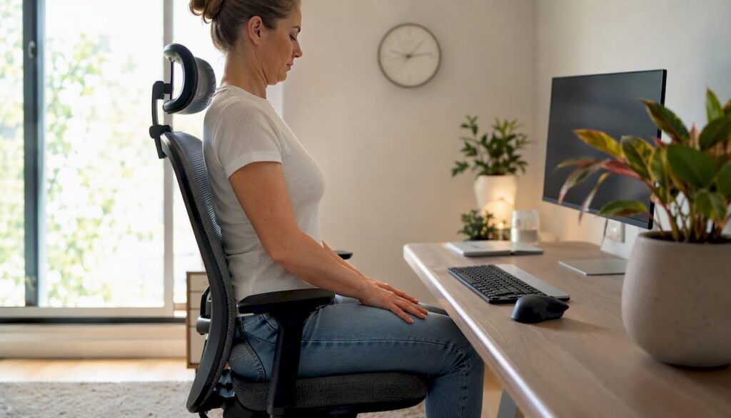 Person doing chin tuck at ergonomic workstation