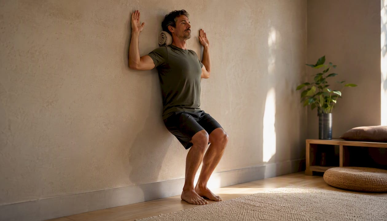 Adult doing wall angels exercise against wall