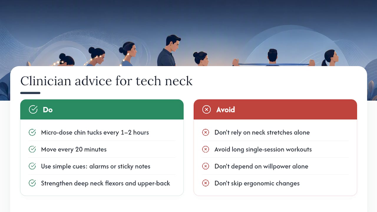 What clinicians actually say about fixing tech neck — overview diagram