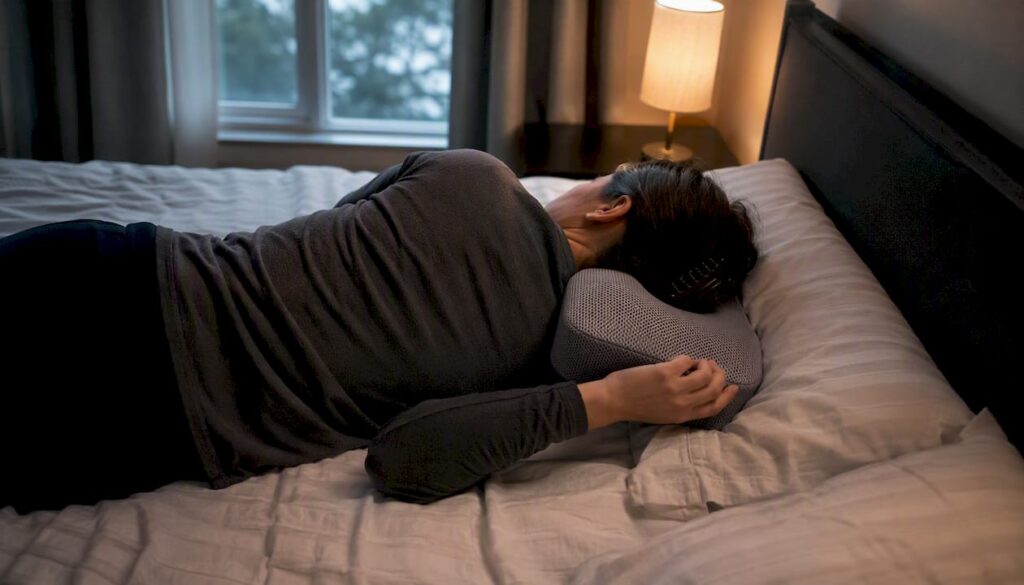 Person adjusting neck pillow while side sleeping