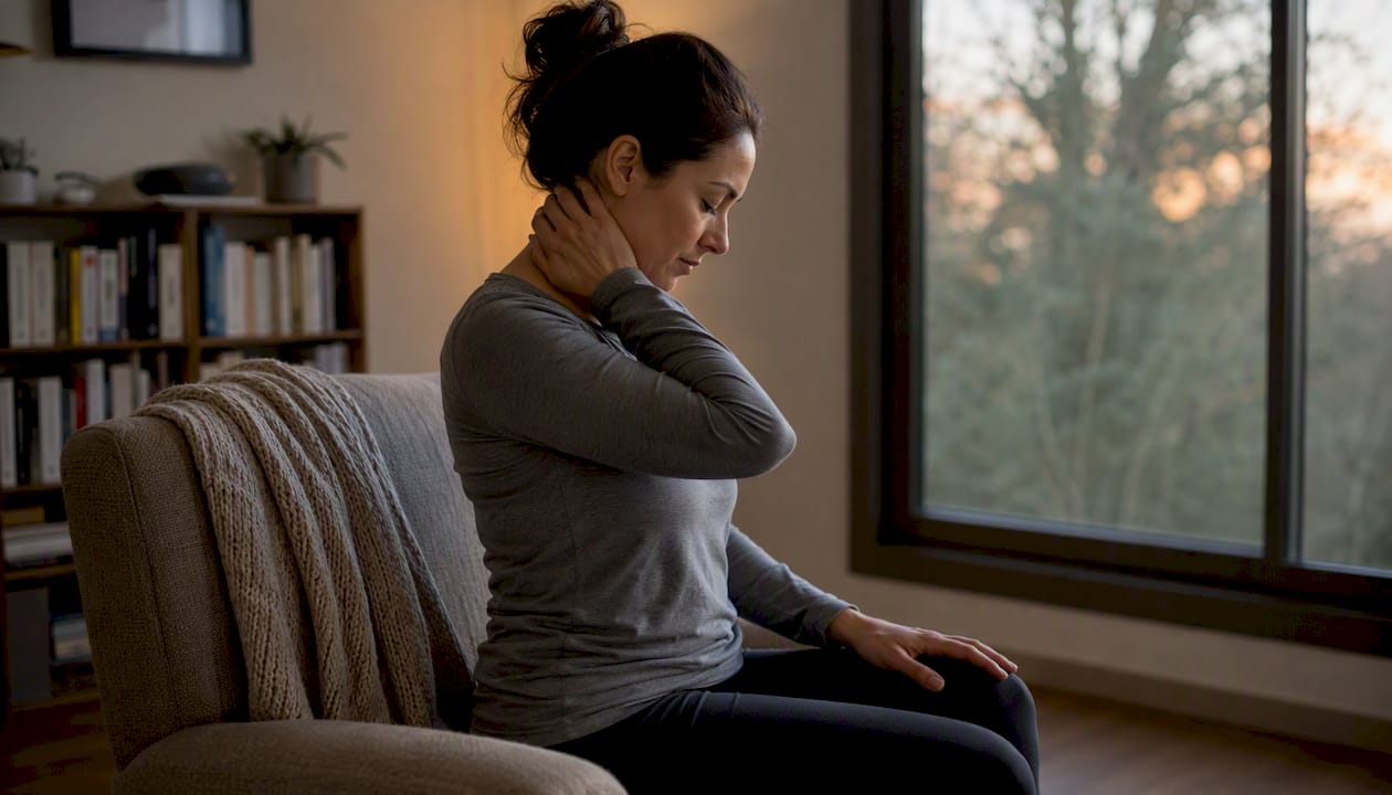 Person doing chin tuck neck exercise pre-bed