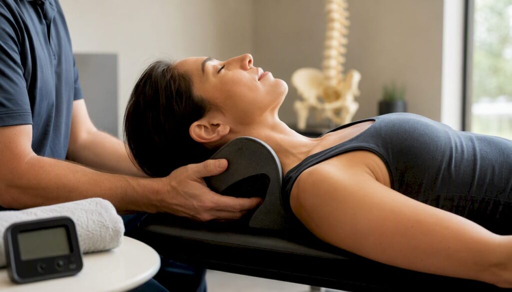 Patient undergoing cervical extension traction
