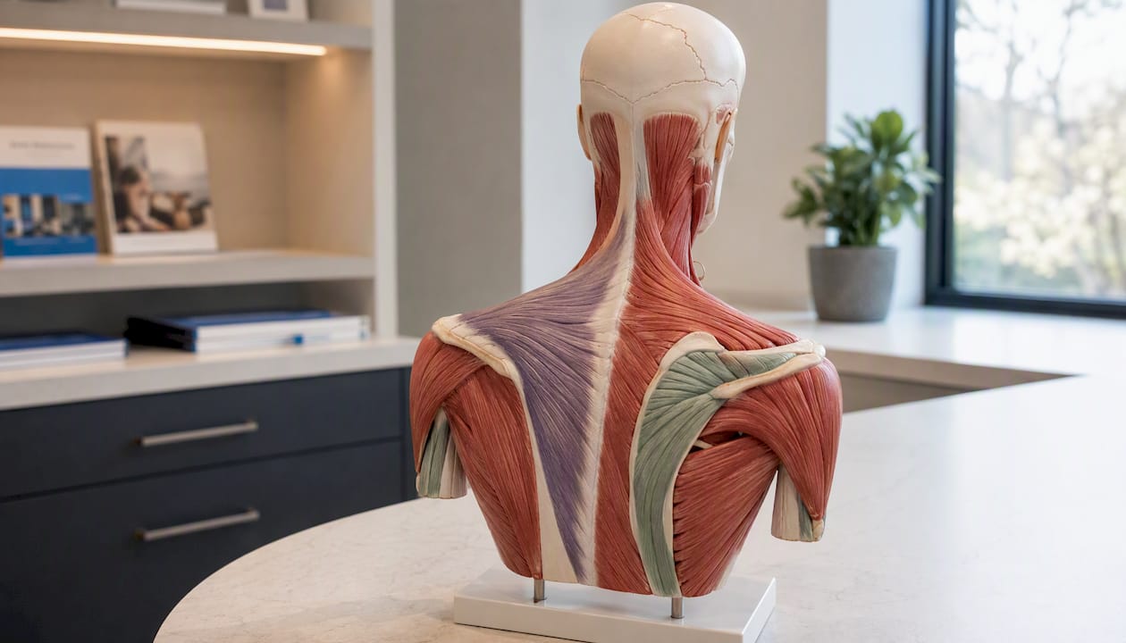 Anatomical model showing neck and upper back muscles