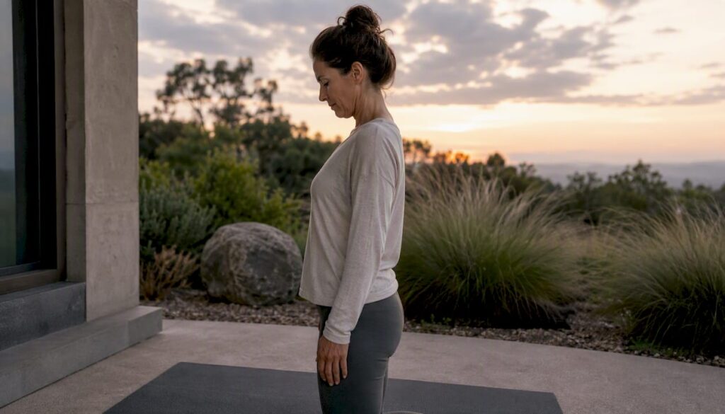 Person performing chin tuck neck exercise in home wellness space