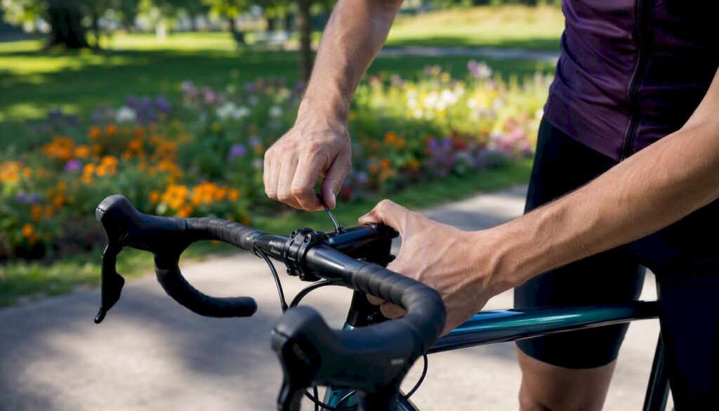 Hands adjusting bike handlebar height