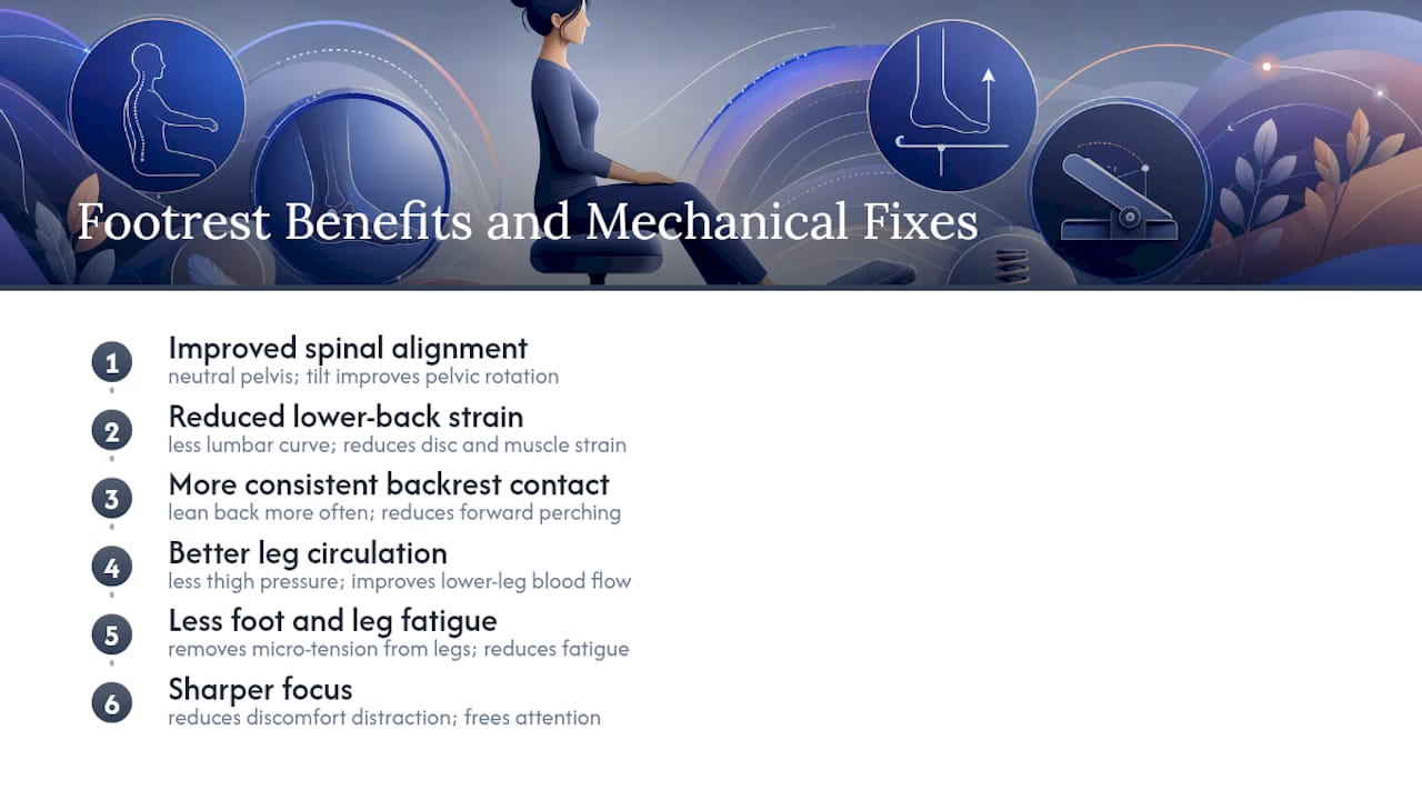 Diagram of six footrest benefits categories