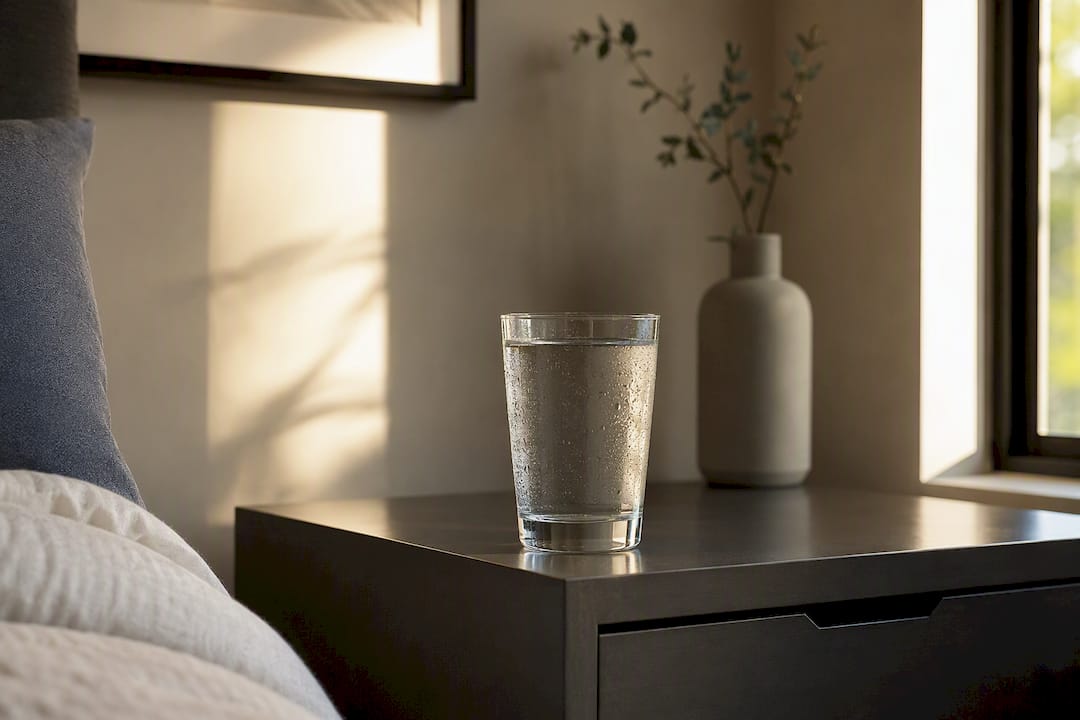 Glass of water on bedside table