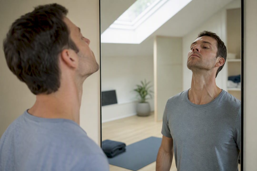 Person performing chin nod neck self-test in mirror