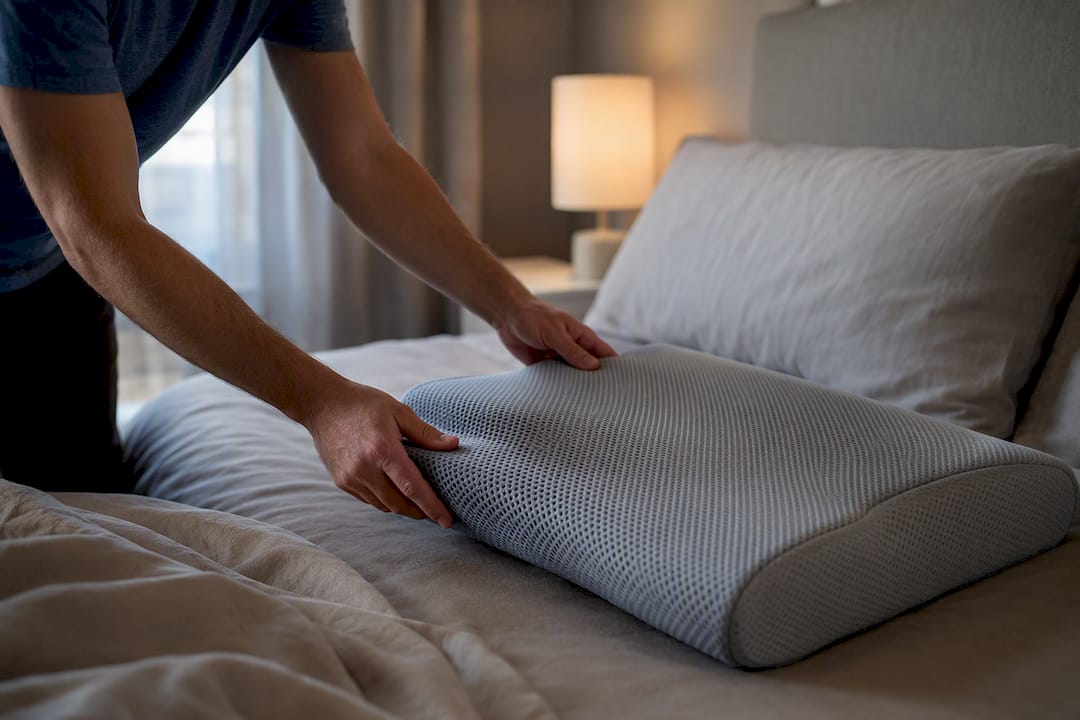 Hands adjusting pillow to change sleeping position