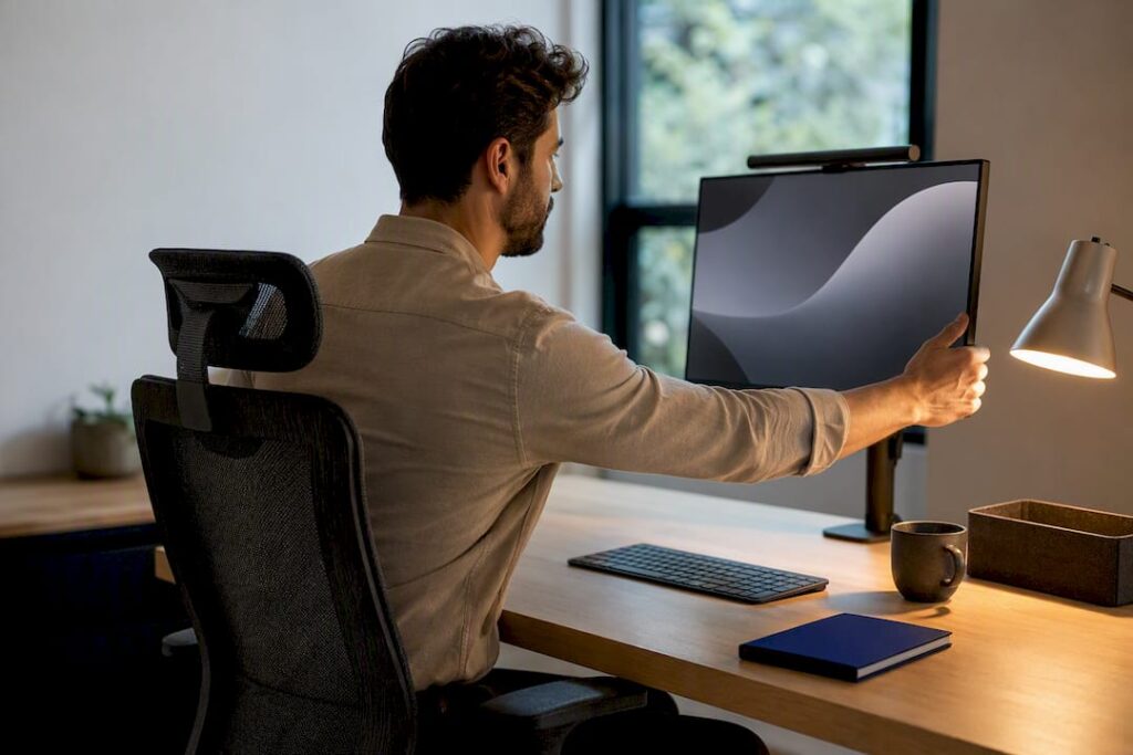Worker adjusting an ergonomic home office monitor