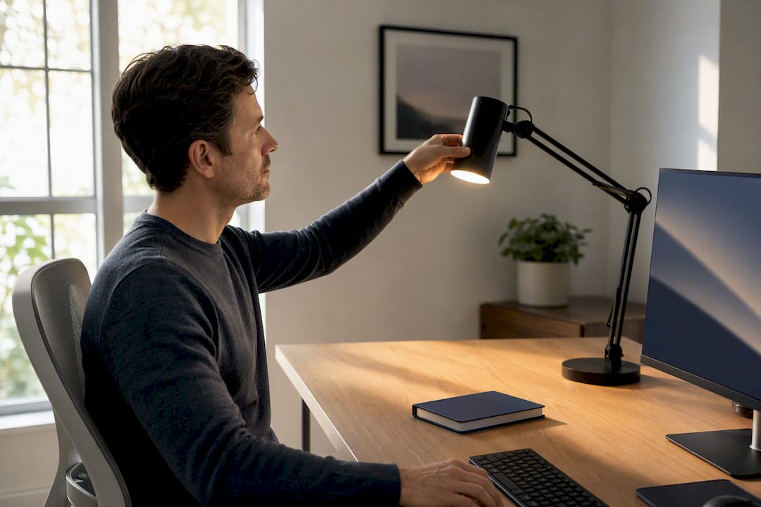 Desk lamp beside window-positioned workstation