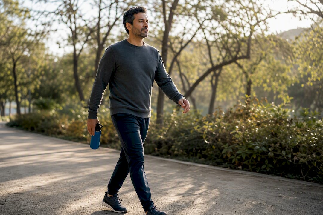 Adult walking briskly on an urban park path