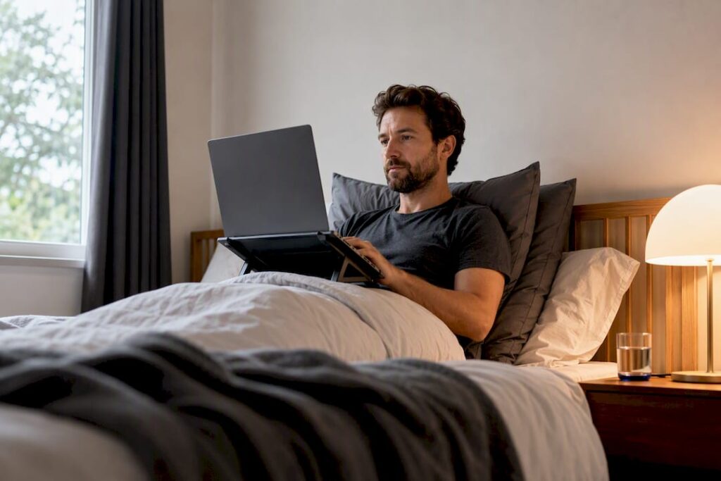 Person using laptop with aligned neck in bed