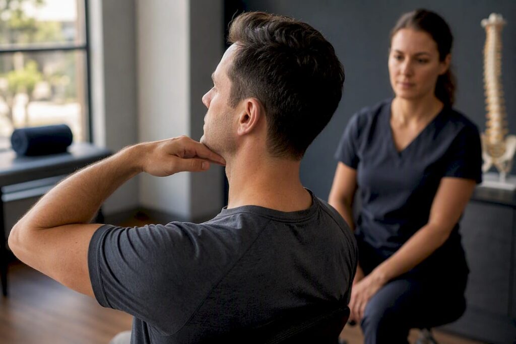 Adult performing cervical retraction exercise