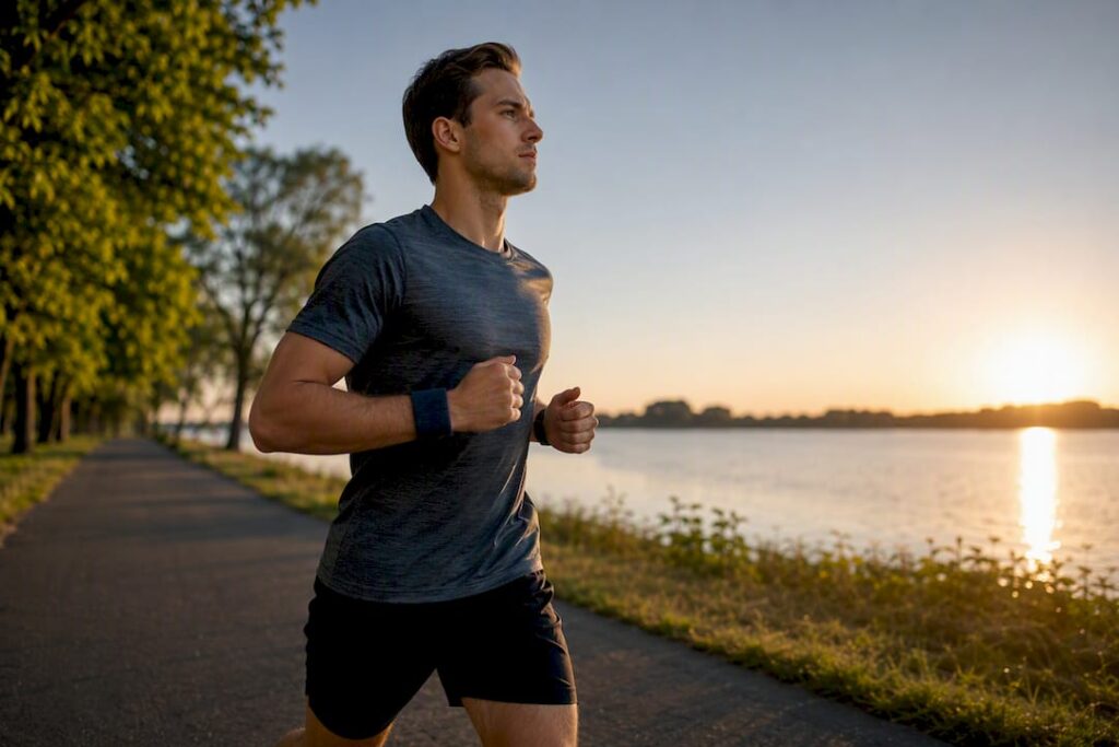 Runner maintaining neutral neck posture outdoors